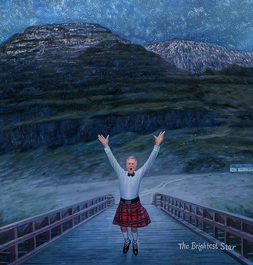 Portrait painting of a man dancing in a kilt