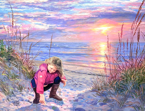 Painting of young girl at the beach