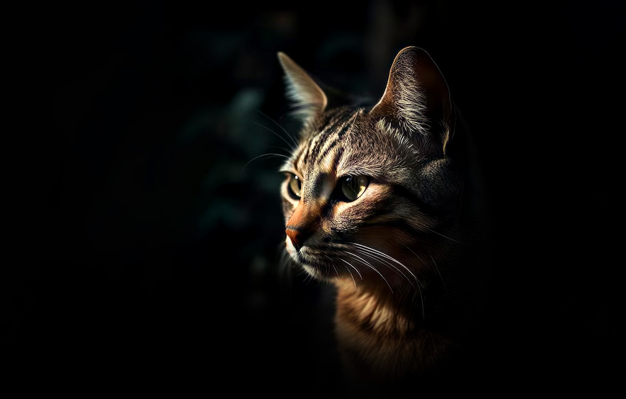 A portrait of a cat's face showing lighting and shadow