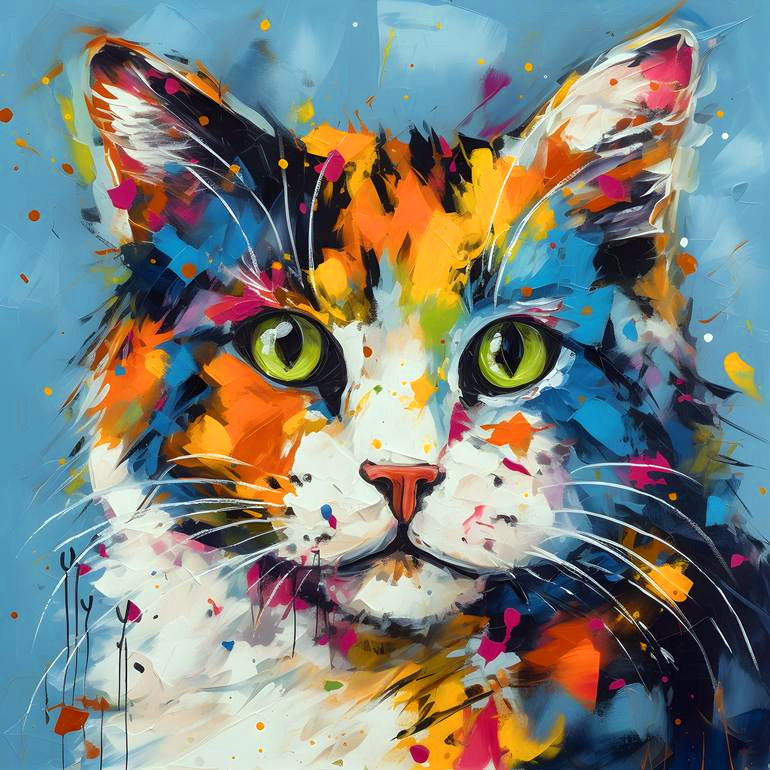 A painting of a colourful cat