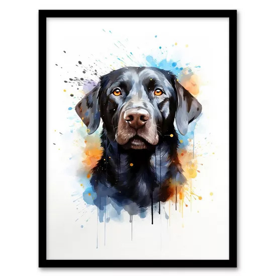 A portrait of a dog in a black frame