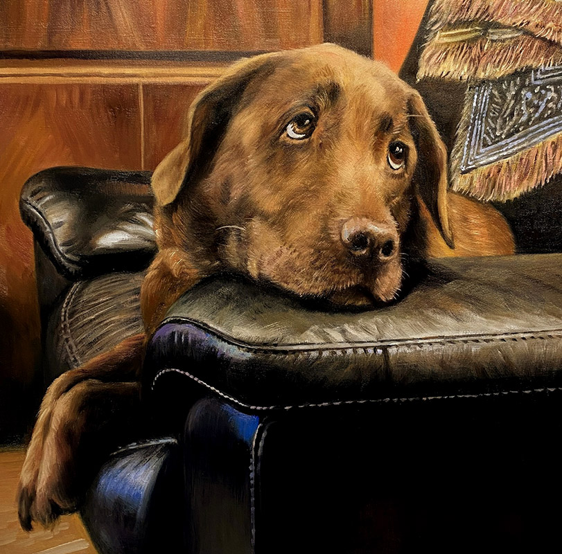 An oil painting of a dog sat in a chair