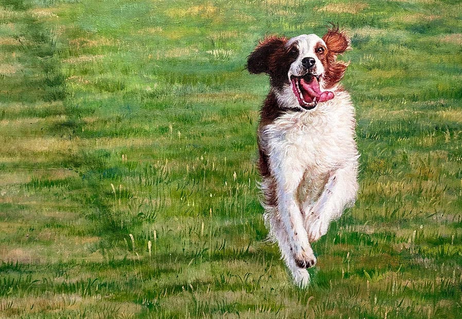 A portrait painting of dog running on grass