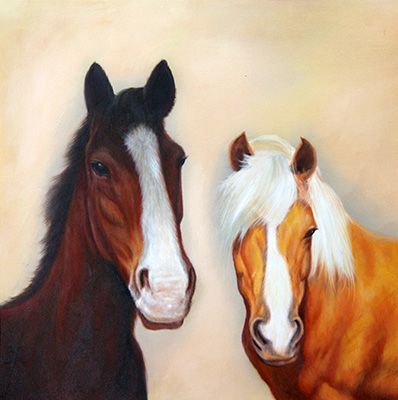 Oil painting of 2 horses